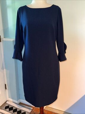 Karl Lagerfeld Navy Midi Shift Dress with Ruffle 3/4 Sleeves